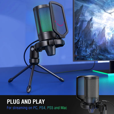 FIFINE USB Gaming Microphone,Condenser MIC with RGB,for PC PS4 PS5 MAC,Suit for Podcasters/Gamers/Influencers/Home studio