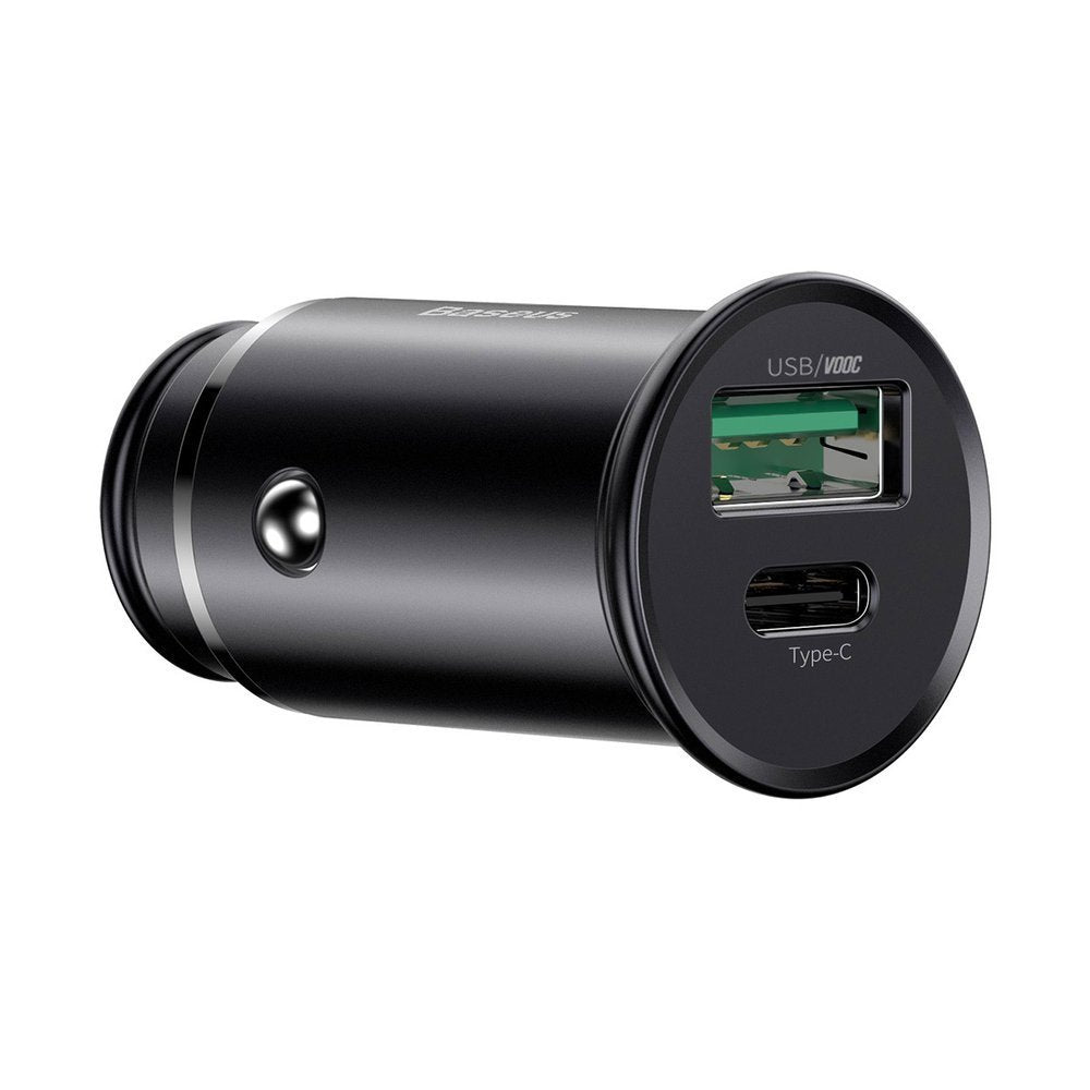 Caricabatteria da auto circolare in metallo PPS - VOOC, USB-A QC 3.0, USB-C PD 30W - NERO