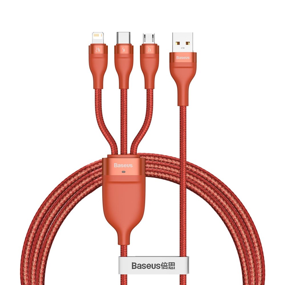 Cavo Baseus 3in1 USB cable Flash Series, USB-C + micro USB + Lightning, 40W, 5A, 1.2m (orange) (6953156230330)