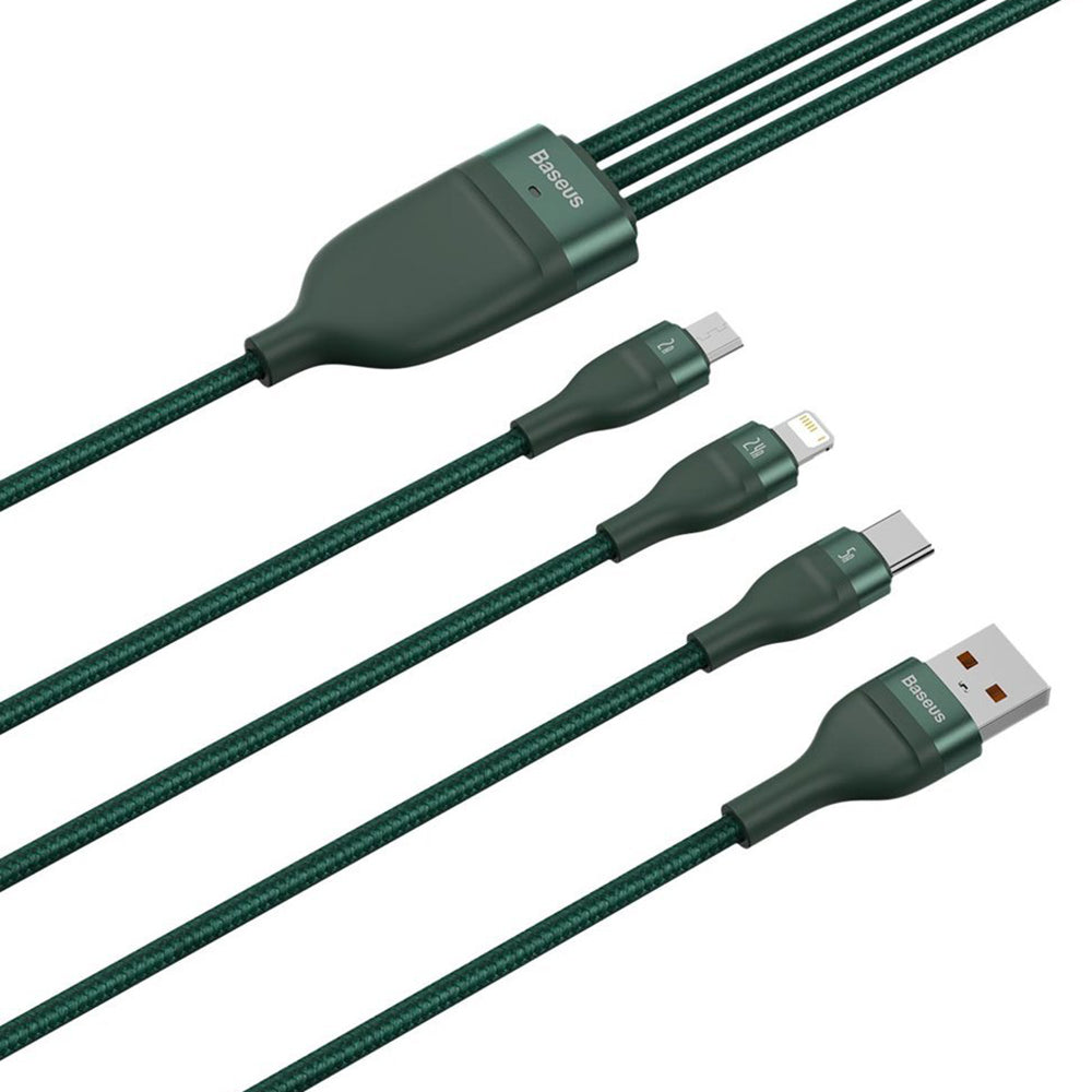 Flash Series 3in1 Data Cable - USB to Type C, Lightning, Micro-USB 66W, 1.2m - GREEN