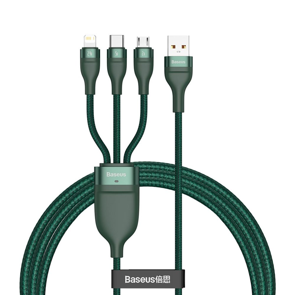 Flash Series 3in1 Data Cable - USB to Type C, Lightning, Micro-USB 66W, 1.2m - GREEN
