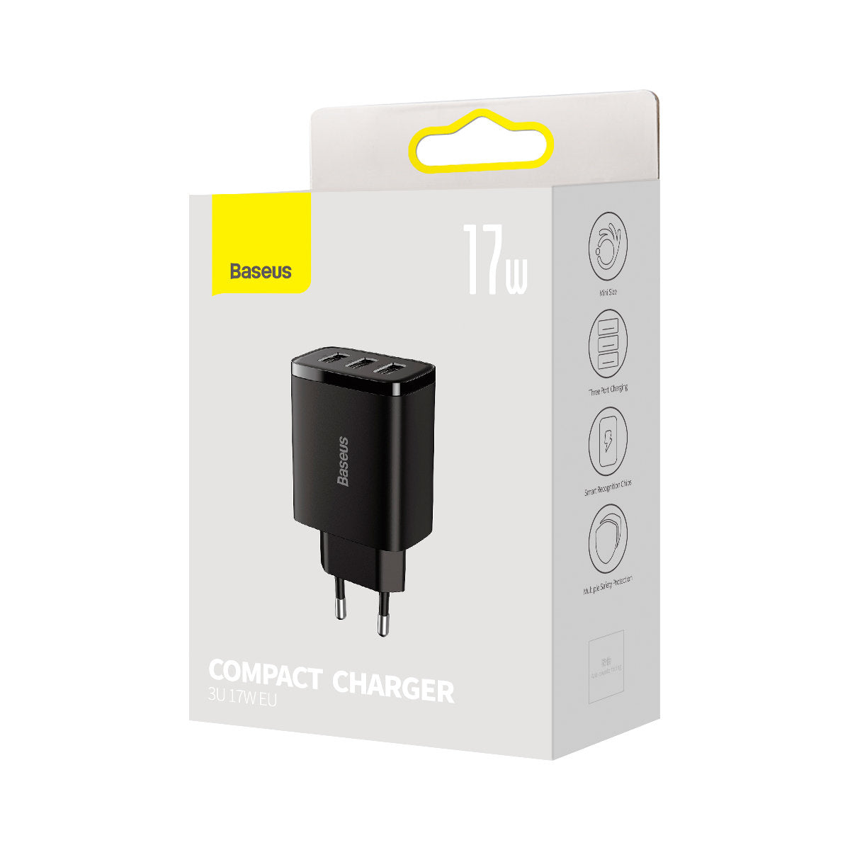 Compact wall charger - 3xUSB, 17 W - BLACK 
