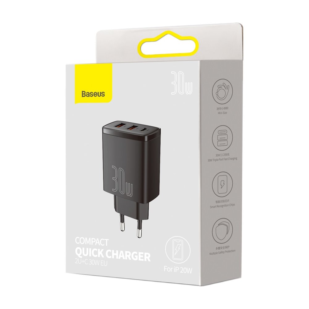 Baseus Caricabatterie rapido compatto 2x USB / USB tipo C 30W 3A Power Delivery Quick Charge nero (CCXJ-E01)
