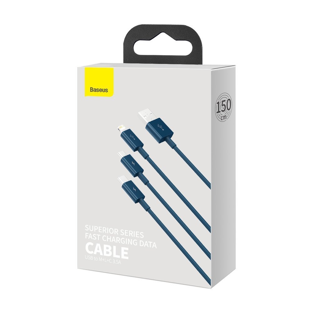 Superior Series Data Cable - USB to Type-C, Micro-USB, Lightning, Fast Charge 3.5A, 1.5m - BLUE 
